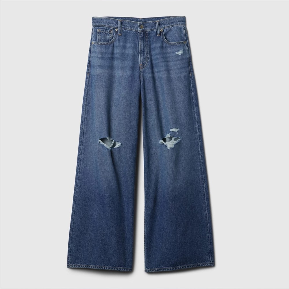 GAP Women's Baggy Mid Rise Size 10 Tall 30 waist Blue wide leg Jeans distressed - Picture 8 of 8